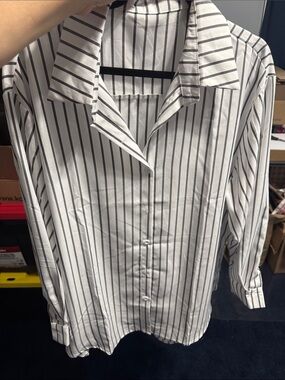 Source Unknown White and Black Striped Button-Up Blouse